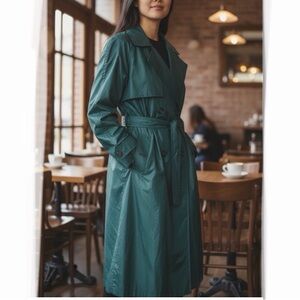 SANYO Carol Cohen PL Trench Coat Belt Green Lightweight Double Breasted Oversize